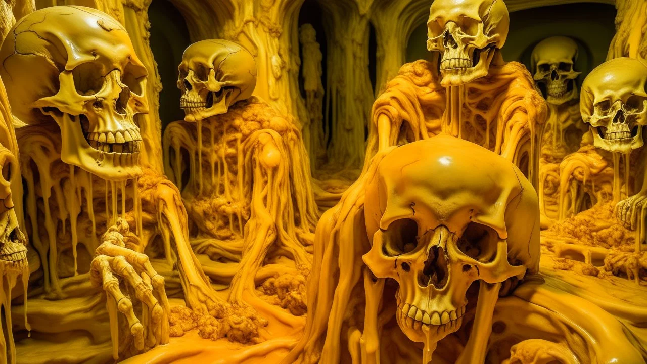 Yellowish orange colored catacombs covered in slime designed in Scandinavian folk art painted by Auguste Rodin