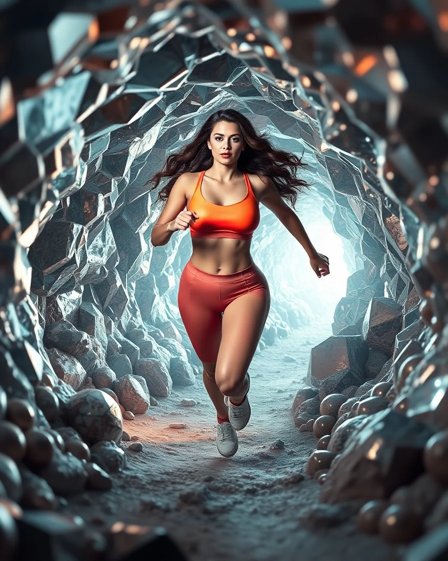 make a picture pretty cave made of crystal and metallic 3d fractal recursive cubic and sphere base structures and a beautiful fashion model lady with cute,curvy long hair,makeup, in pretty sports suit is running inside cave ,dynamic camera fallow her inside cave capturing full body, dynamic lights.