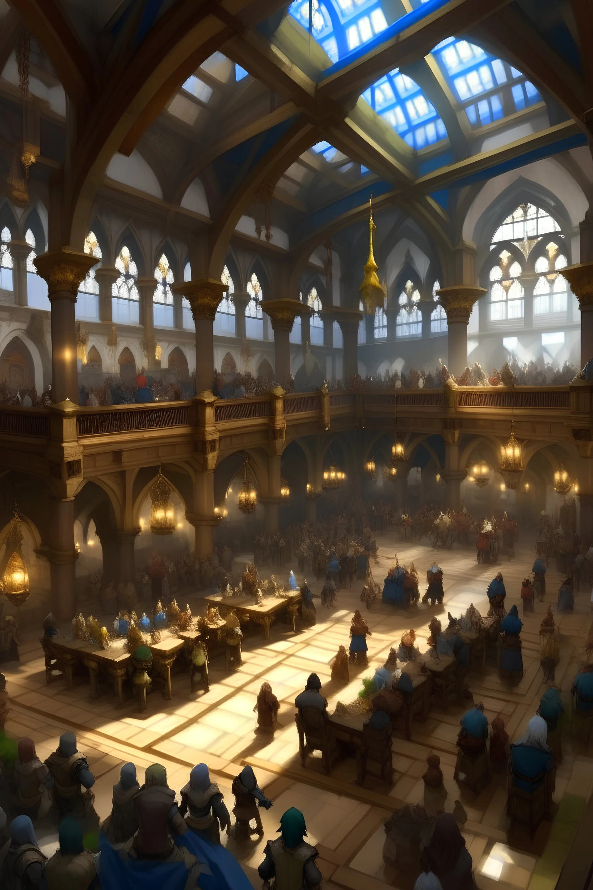 Busy Guild Hall with main character in the front