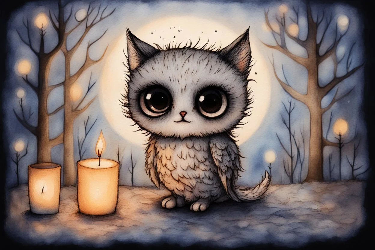 so much fluff, painted and burned burlap, moonlight, cute chibi kitten and owl, styles of Paul Klee Dee Nickerson and Tim Burton, melting watercolor and black ink outlines on wet paper, soft, shading strokes, in candlelight, ethereal, otherwordly, cinematic postprocessing, bokeh, dof, S<AI