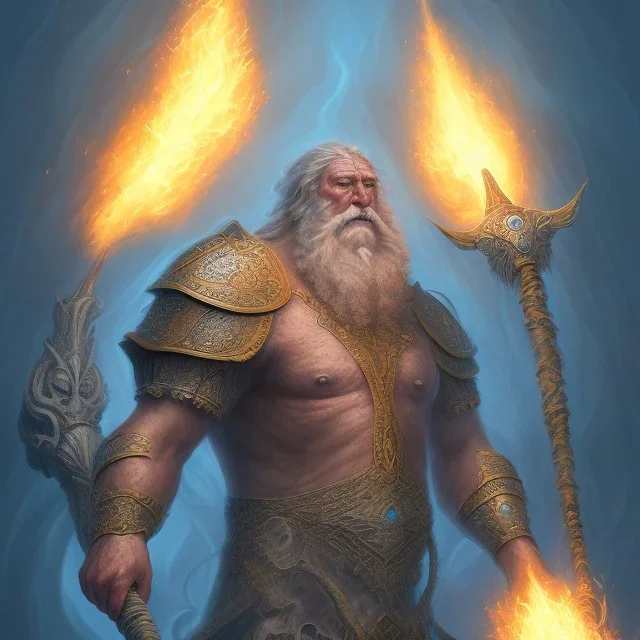 ancient colossal giant walking out of the ocean electrical crystal staff fire weapon explode, armor blue skin, muscles