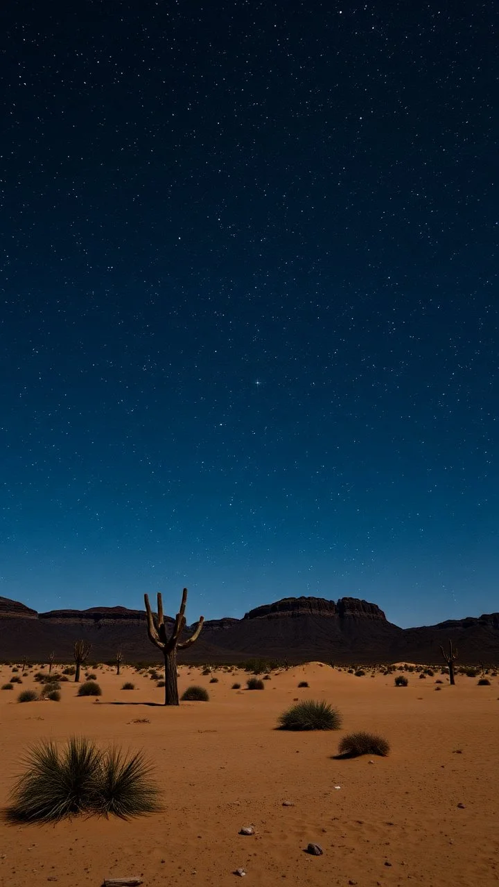 The desert and a dark sky with bright stars