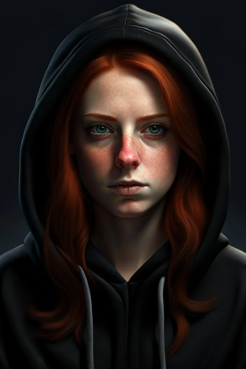 A woman with dark brown eyes and shoulder length red hair wearing a black hoodie. Realistic.