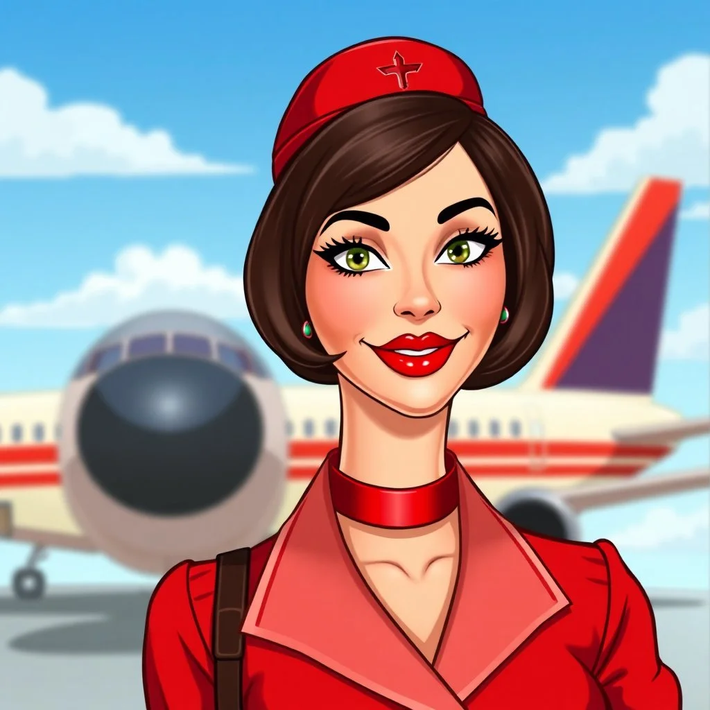 realistic cartoon style passport photo of a beautiful 50-year old brunette French stewardess who looks just like Elodie Cherie. she has red uniform, stewardess hat, short bob cut, pouty shiny bright red lips with lots of lipstick, long eyelashes and green eyes. she also has a red leather choker.