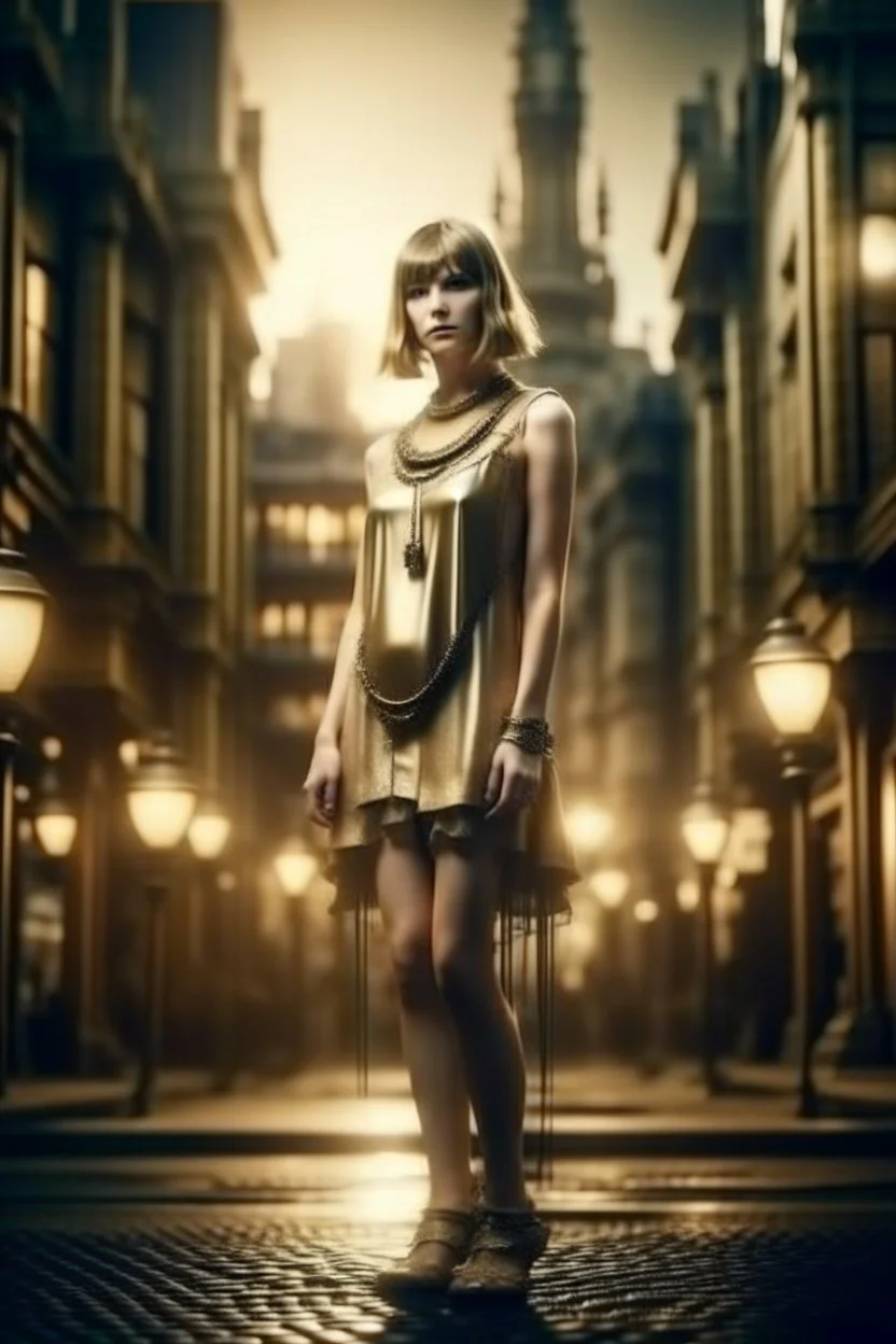 full body picture of a skinny woman with a bob, a fringe hairstyle, 1920s flapper clothing, futuristic steampunk city background