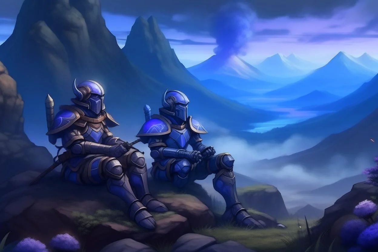 two medieval soldiers in armor sitting near rocks and smoking while looking at distant mountains with purple and blue distant mist and glowing mushrooms and plants around the soldiers