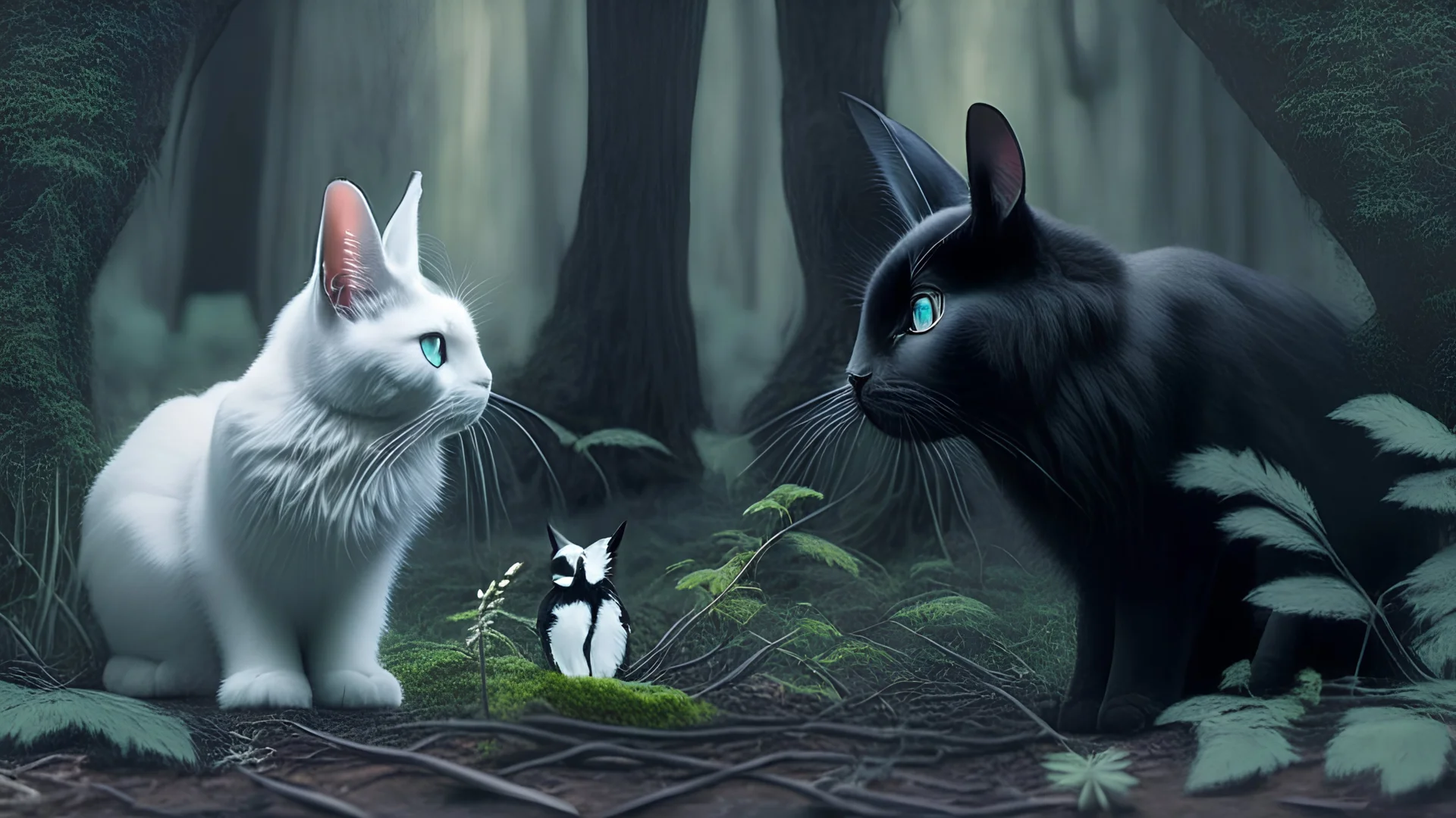 A black cat staring a white rabbit in the forest.