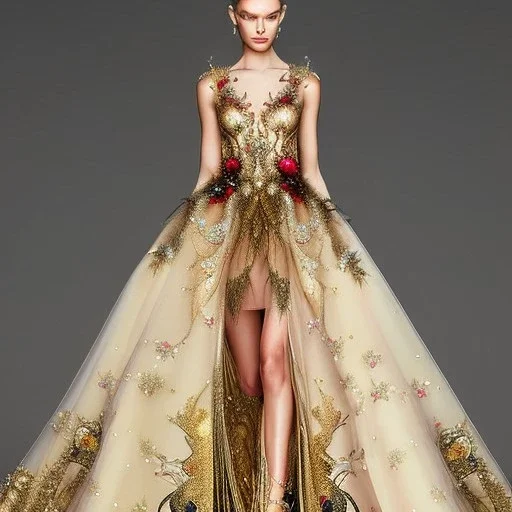 stunning couture gown designed by Marchesa inspired by fairies, realistic epic elegant fantasy colors in gold and black and red,decorated with precious stones, detailed, high quality, intricate, fantasyland background,