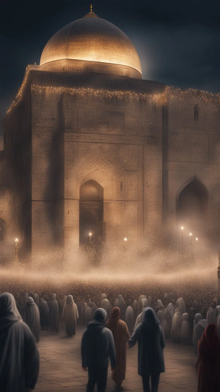 Hyper realistic celebration outside Al-Aqsa Mosque with garland light at night