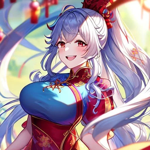 Clear focus, 8k, high quality, detailed, beautiful lighting, girl, vibrant colors, white long hair, vibrant red eyes, messy hair, ponytail, chinese clothes, laughing,