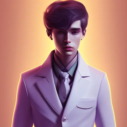 man, cute face, white highlight hair, brown eye, white, skin, purple suits, futuristic, science, purple, blue, dark pink background lighting, technology, profile, asian boy, square face, light orange