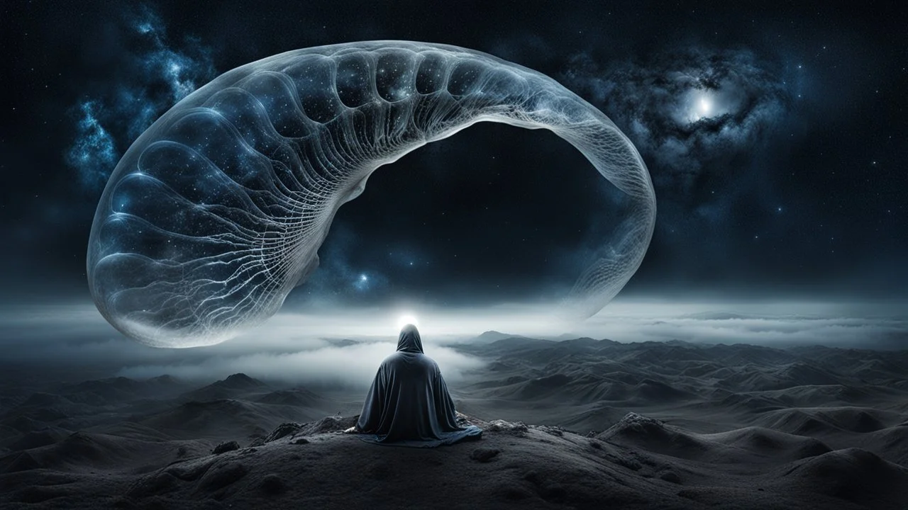 Melancholy, a person sitting alone beneath a giant transparent skin-shaped shell suspended in the night sky, staring into an endless universe, distant galaxies reflected in tear-filled eyes, surreal symbolism of being trapped inside oneself, cold moonlight, soft fog, dreamlike melancholy, existential sadness, poetic and haunting atmosphere, fine art photography, cinematic lighting