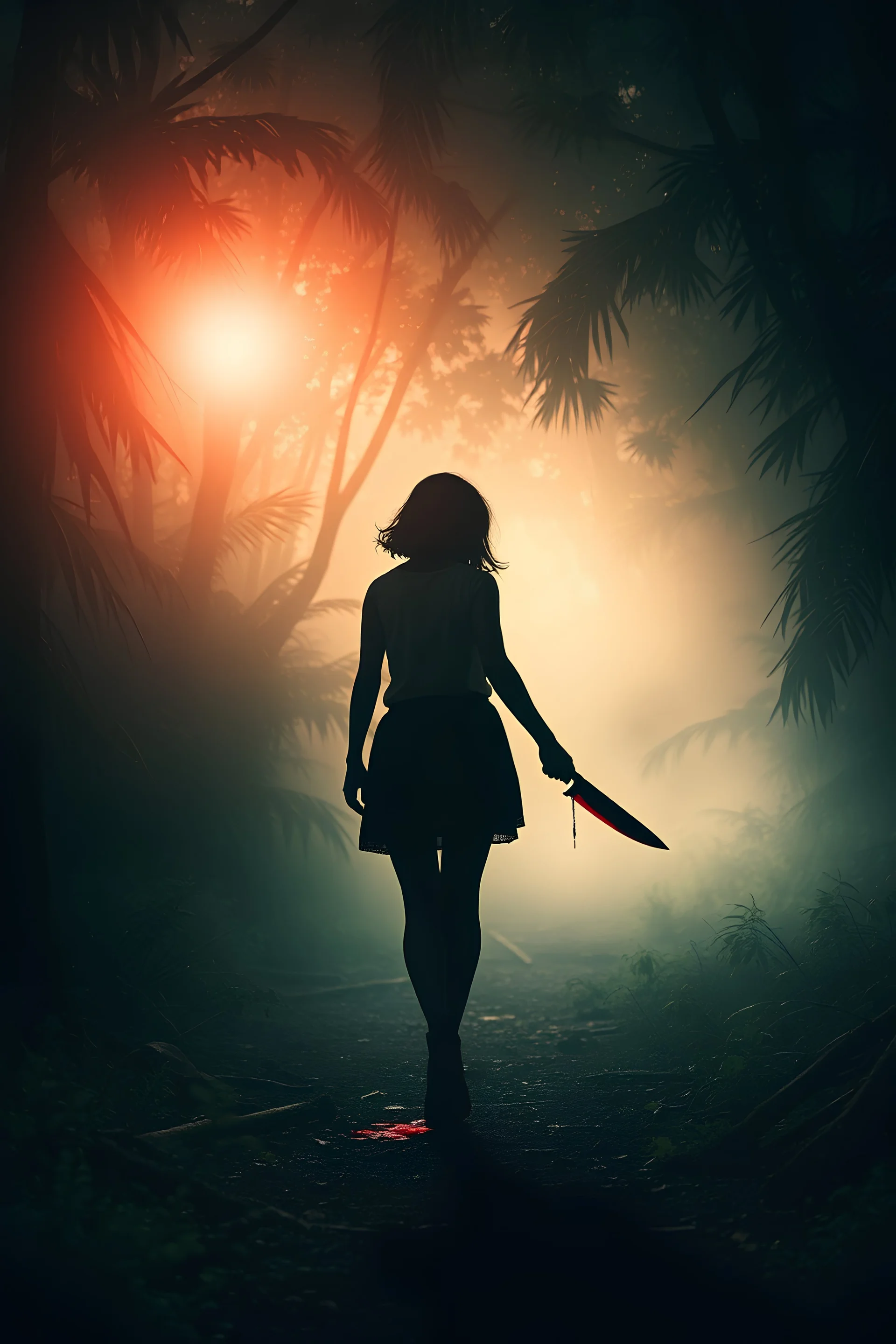 realistic scene surrealis horror, silhouette girl from back holding a bloody machette walking in the jungle path, bold mist, fog, cinematic, dramatic lighting