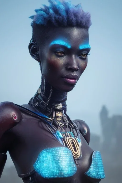 portrait,beautiful african robotic sirene, post-apocalyptic in a cyberpunk city, realistic, intriacte detail, sci-fi fantasy style, volumetric lighting, particales,highly detailed,cinematic, deep blue.