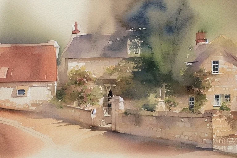 Watercolour of English cottage in the style of john lovett