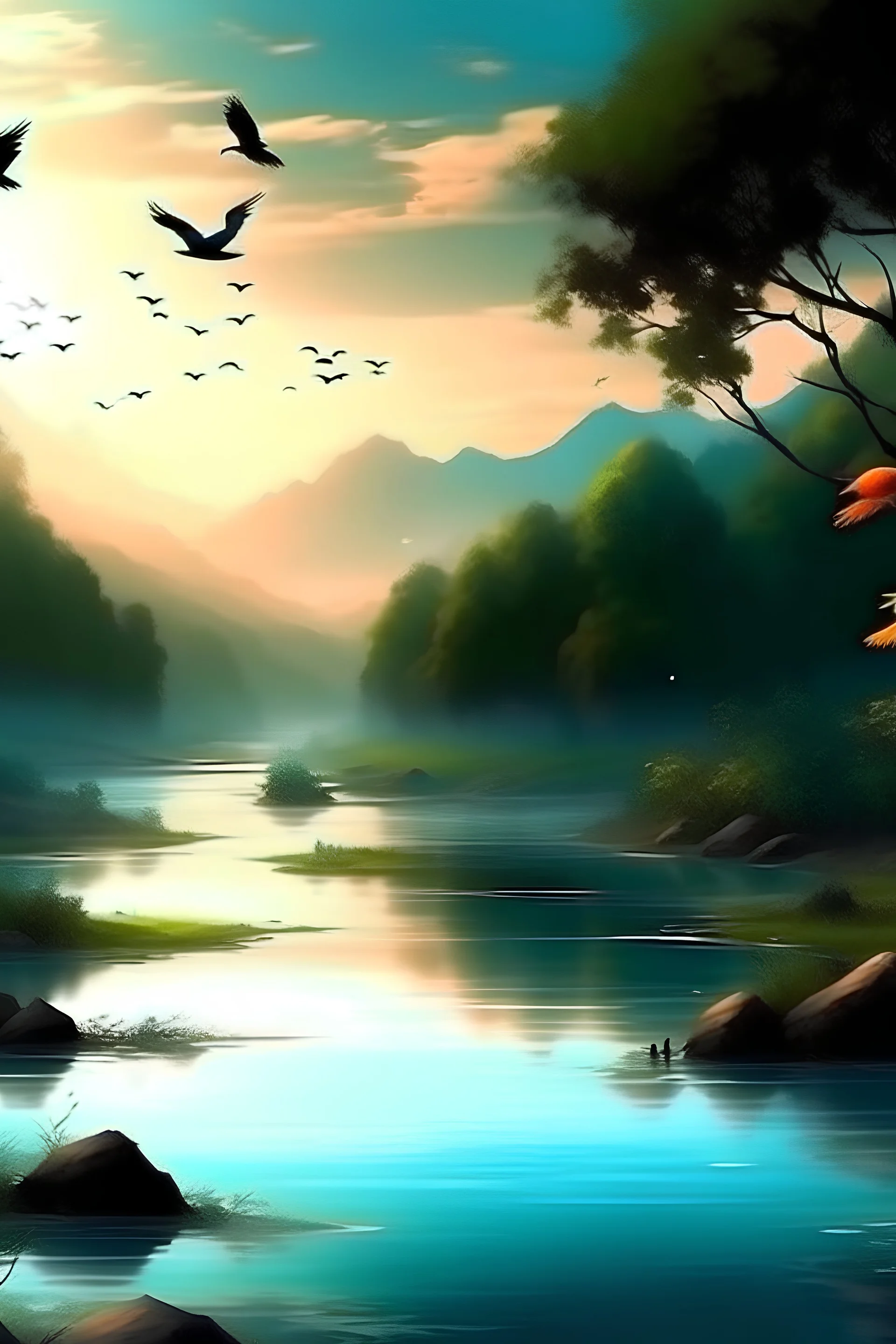 gambarkan pemandangan yang indah ada sungai yang mengalir dan burung yang terbang