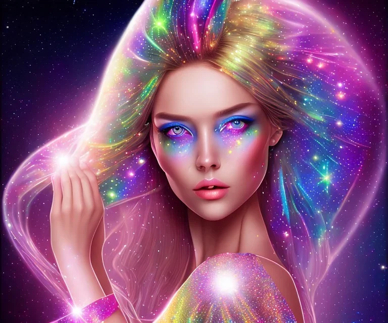 glitter arcobaleno, stelle luminose, ragazze bellissime vestite di veli trasparenti corpo magnifico e volti bellissimi occhi chiari e capelli biondi,