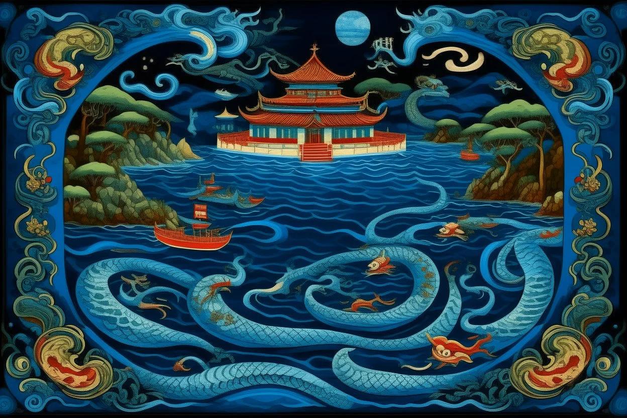 A dark blue bay with sea serpents designed in Japanese Oni masks painted by Jeffrey Kolker