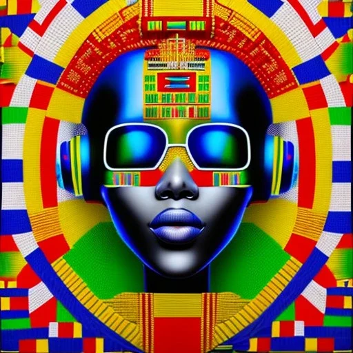 robot portrait in Kente, cinematic, ghana flag, african pattern symbols, engraved, 8k quality