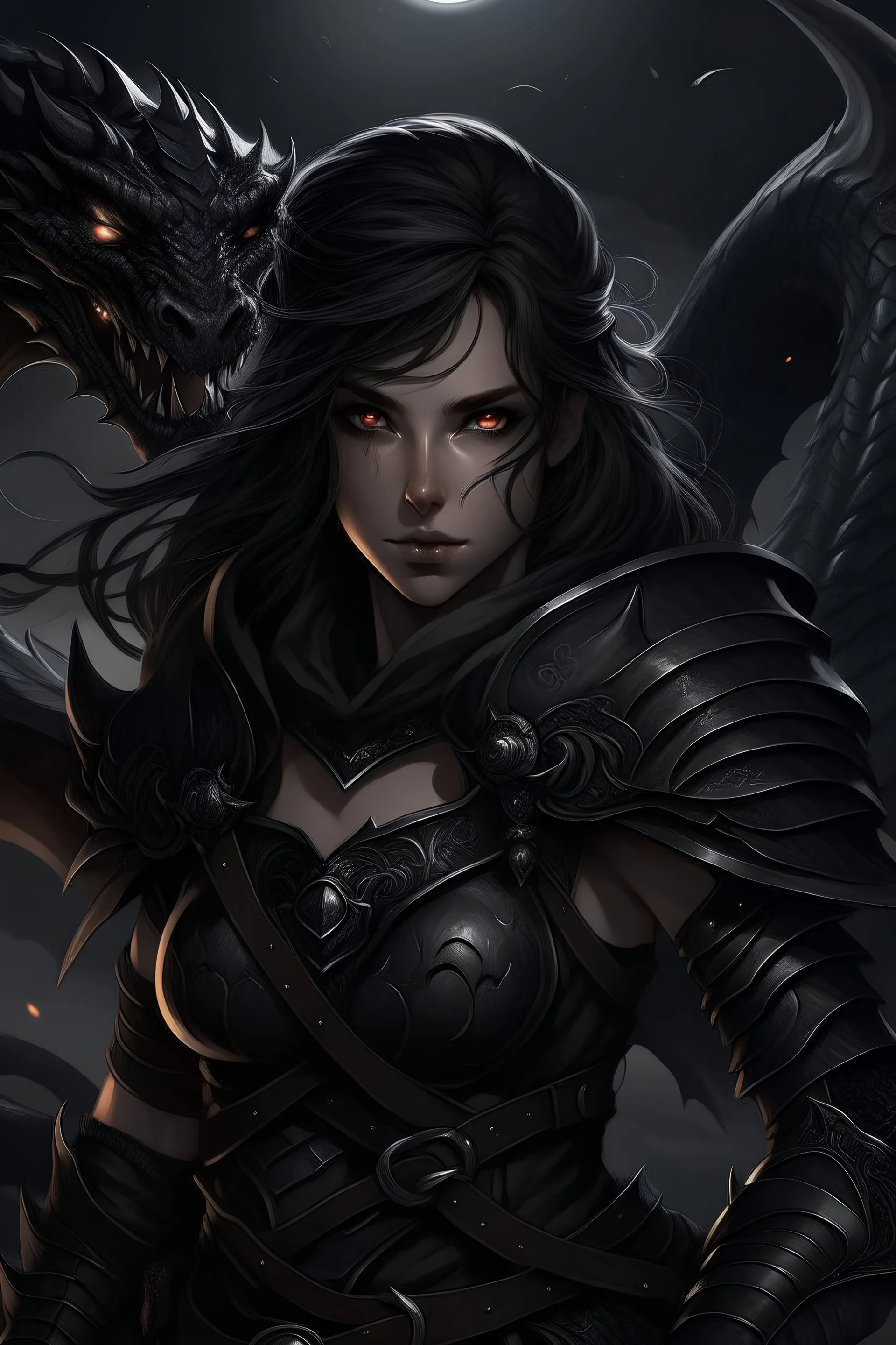 A warrior with wavy hair, her hypnotic eyes piercing the darkness, her black armor shining in the moonlight, a black dragon appearing behind her, ready to attack.