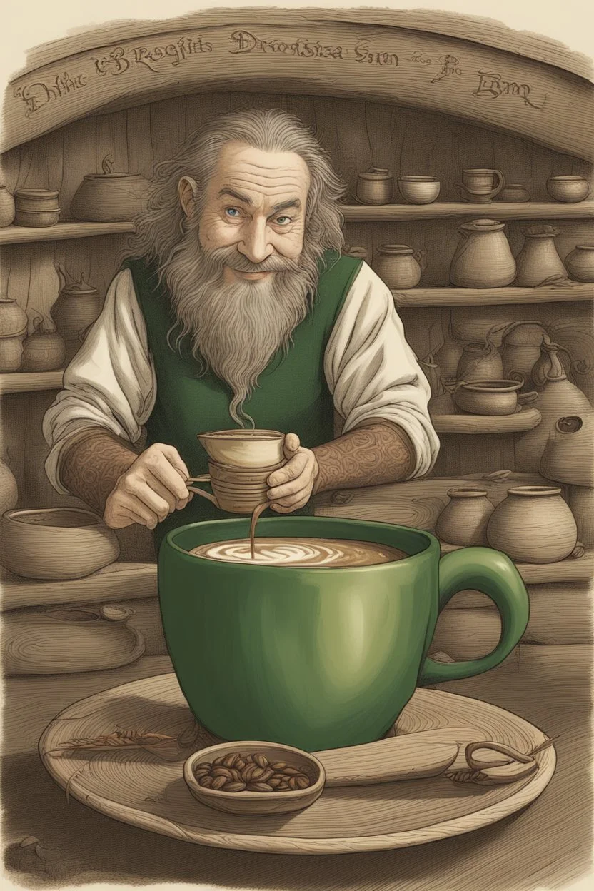 In the bustling Green Dragon inn, the hobbit barista worked tirelessly, though a smile never left his hairy face. For he possessed a deep and unusual love, even for a hobbit - his love was for the coffee bean. All around, the regular patrons of the inn shared in his passion. Groups of hobbits laughed and talked of roasts and varietals, debating which grew the plumpest or held the richest flavors. The air was thick with their enjoyment, the aroma of freshly brewed pots. Behind the counter, the ba