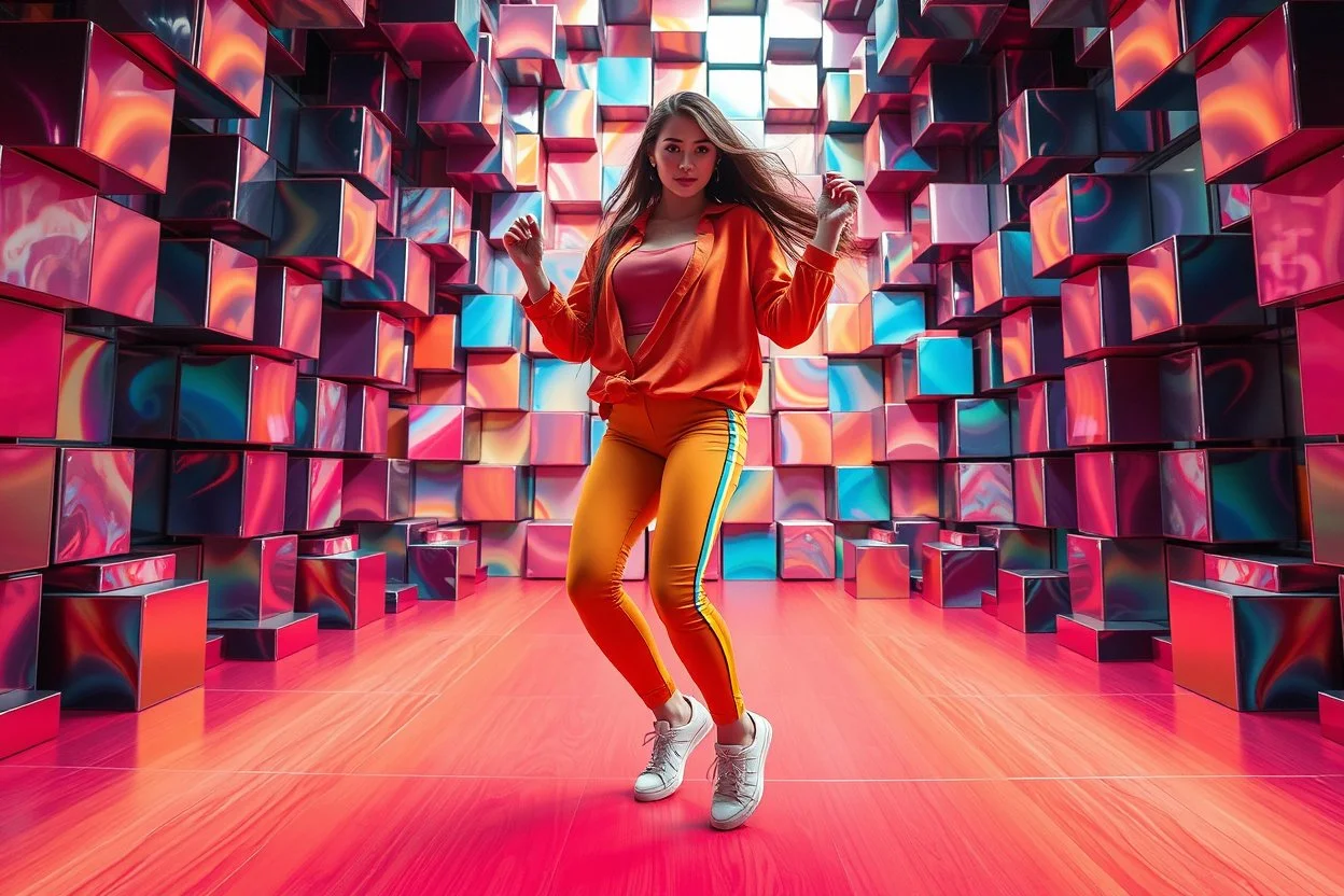 beautiful lady with todays modern clothing and sport shoes, in surreal stage made of fractal random size recursive objects with helical strip colors in clothing similar to environment full body dancing to camera,animating background metallic random color cubes