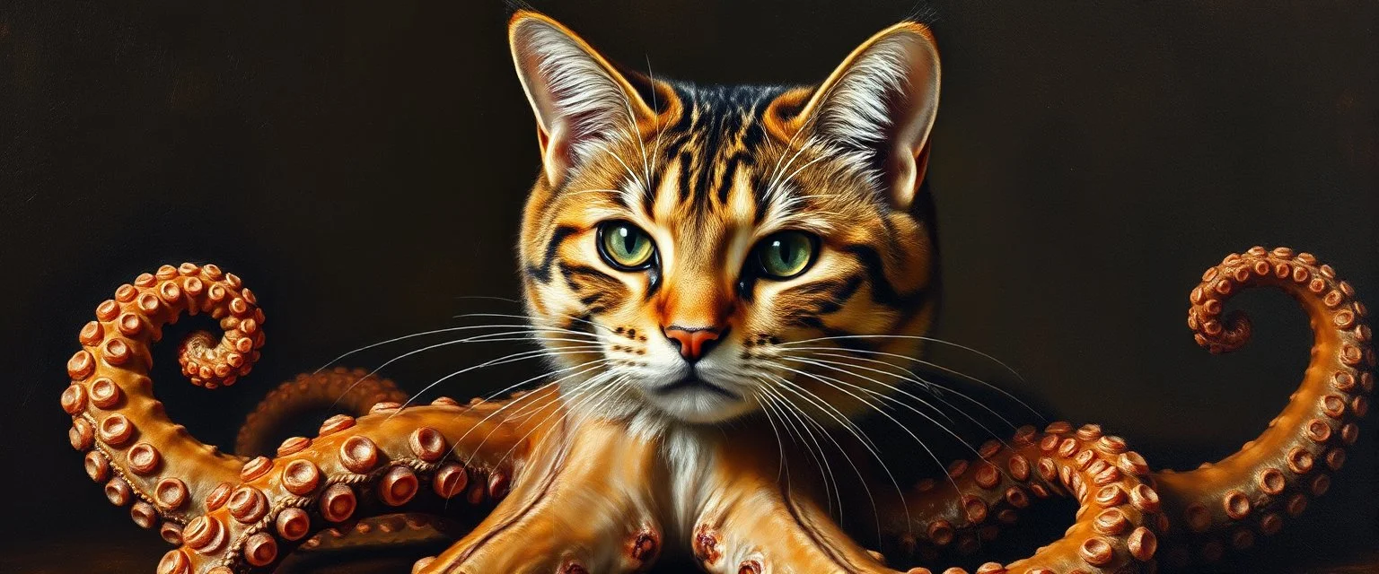 master oil painting by Rembrandt, cat octopus