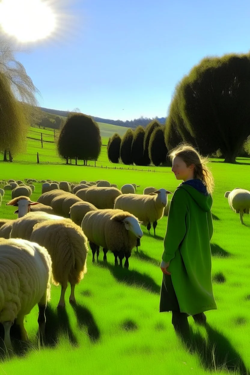 هايدي وقطيع أغنام ومراعي خضراء وشمس