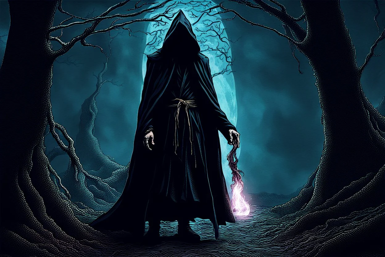 cloaked and dark hooded sorcerer