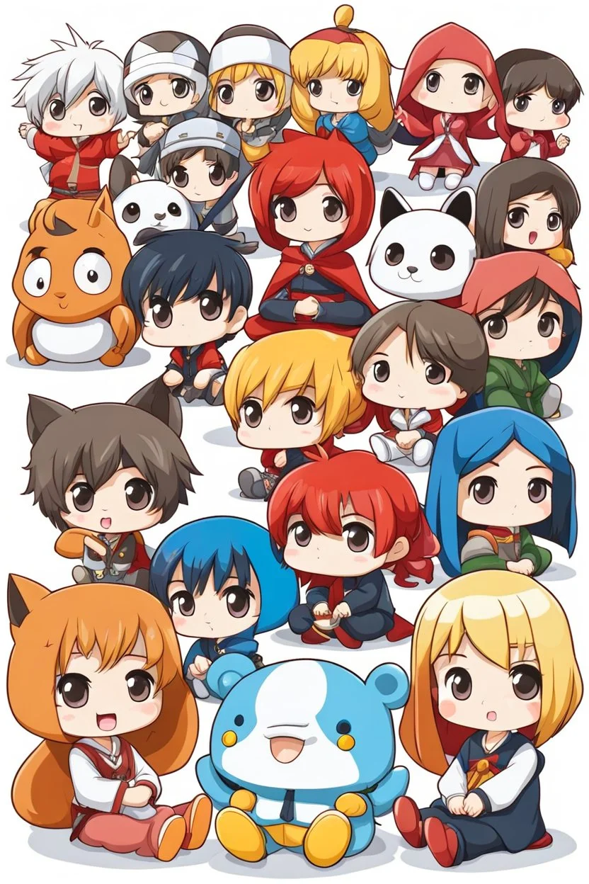 Adorable chibi anime caracters group sitting on White Background, cartoon mood