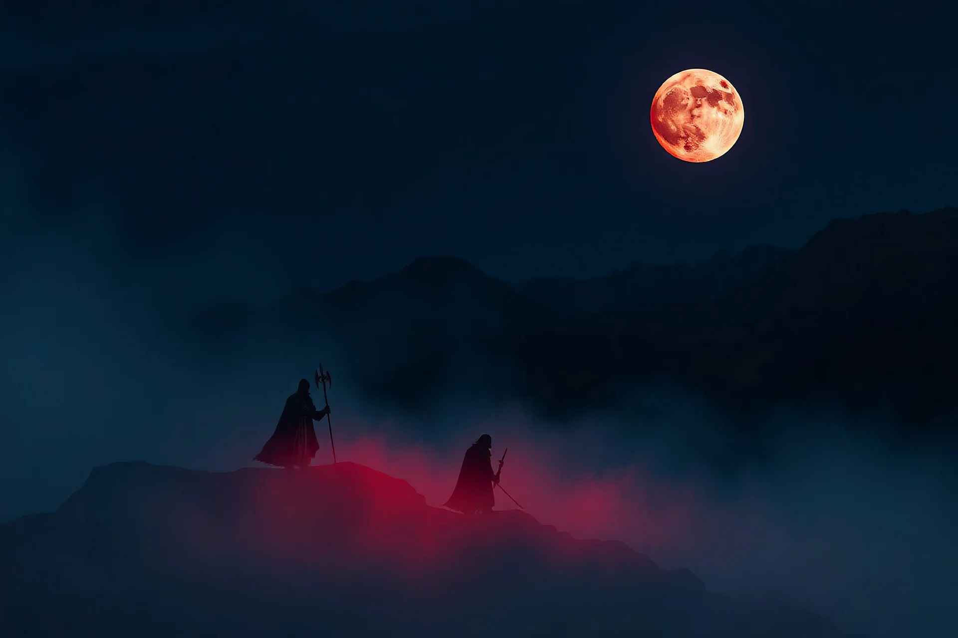 fog knights on a foggy mountain at night with a blood moon