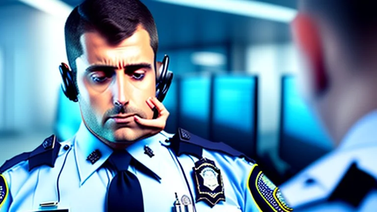 calm male cop dispatcher confused by evil virus in the phone