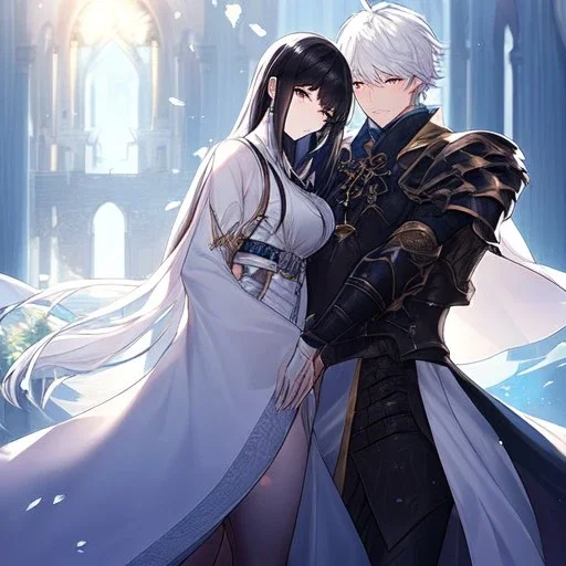 Girl with white hair wearing white robes. Boy with black hair wearing leather armor