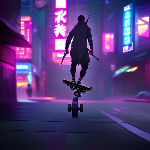 photo of a ninja riding a skateboard; in an alternate universe in tokyo; cyberpunk; realistic; rain; neon signs