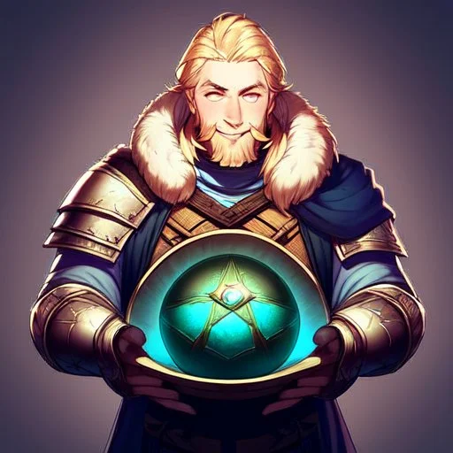 A nord male battlemage from Skyrim, full plate nordic armor, blond hair of medium length, hearty, smiling, thick short beard, an electric sphere in right arm, correct proportions