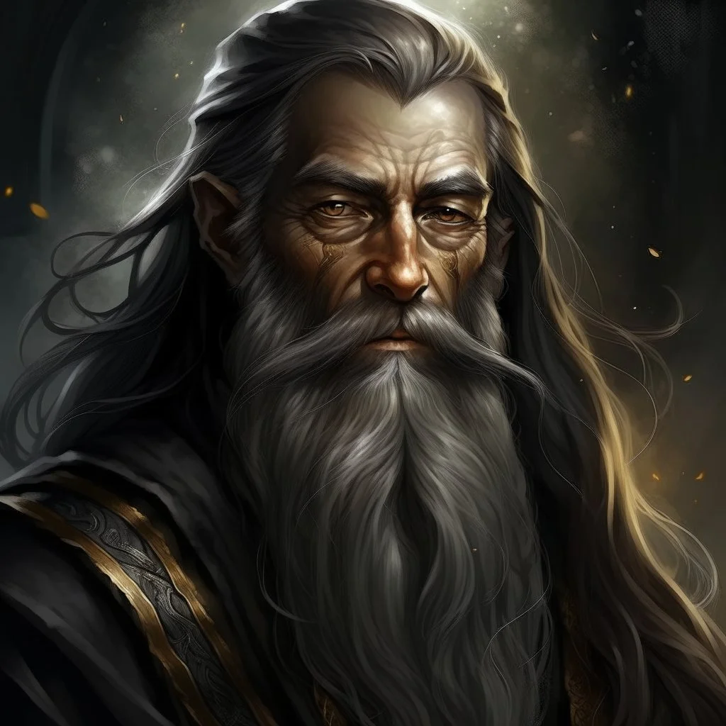 dnd, fantasy, wizard, portrait, face, close up, long beard, black hair, angular features, long, slender, old