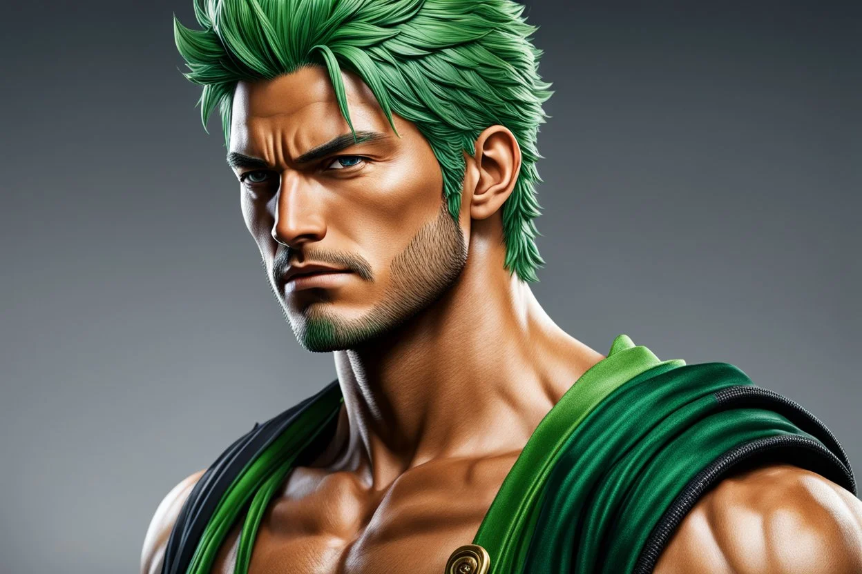 Zoro in 8k live action artstyle, one piece them, Young man, dynamic pose, intricate details, highly detailed, high details, detailed portrait, masterpiece,ultra detailed, ultra quality