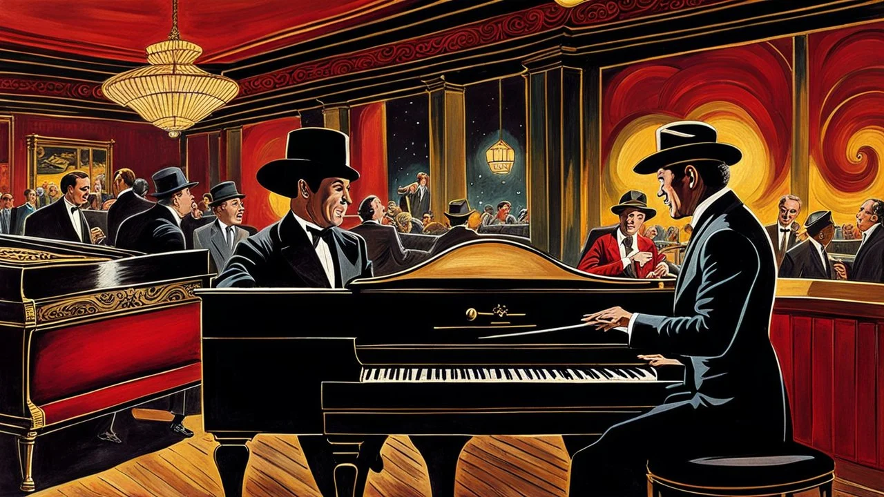 in a 1960s American jazz pub a man in hat and dark suit playing the piano in the foreground , next to the piano singing a beautiful elegantly woman in a red dress . The atmosphere is warm happy and intimate, with soft, golden lights casting a glow over the wooden tables and chairs. Guests in retro attire enjoy their drinks and cigarette smoke gently swirls in the air. The intricate details and sharp focus , photorealistic