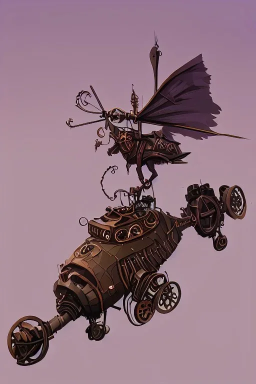 mad steampunk goblin flying an old-fashioned helicopter