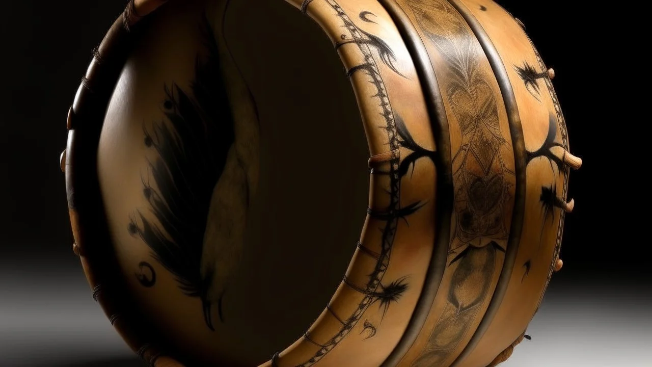 A tan colored earth bass drum designed in cave paintings