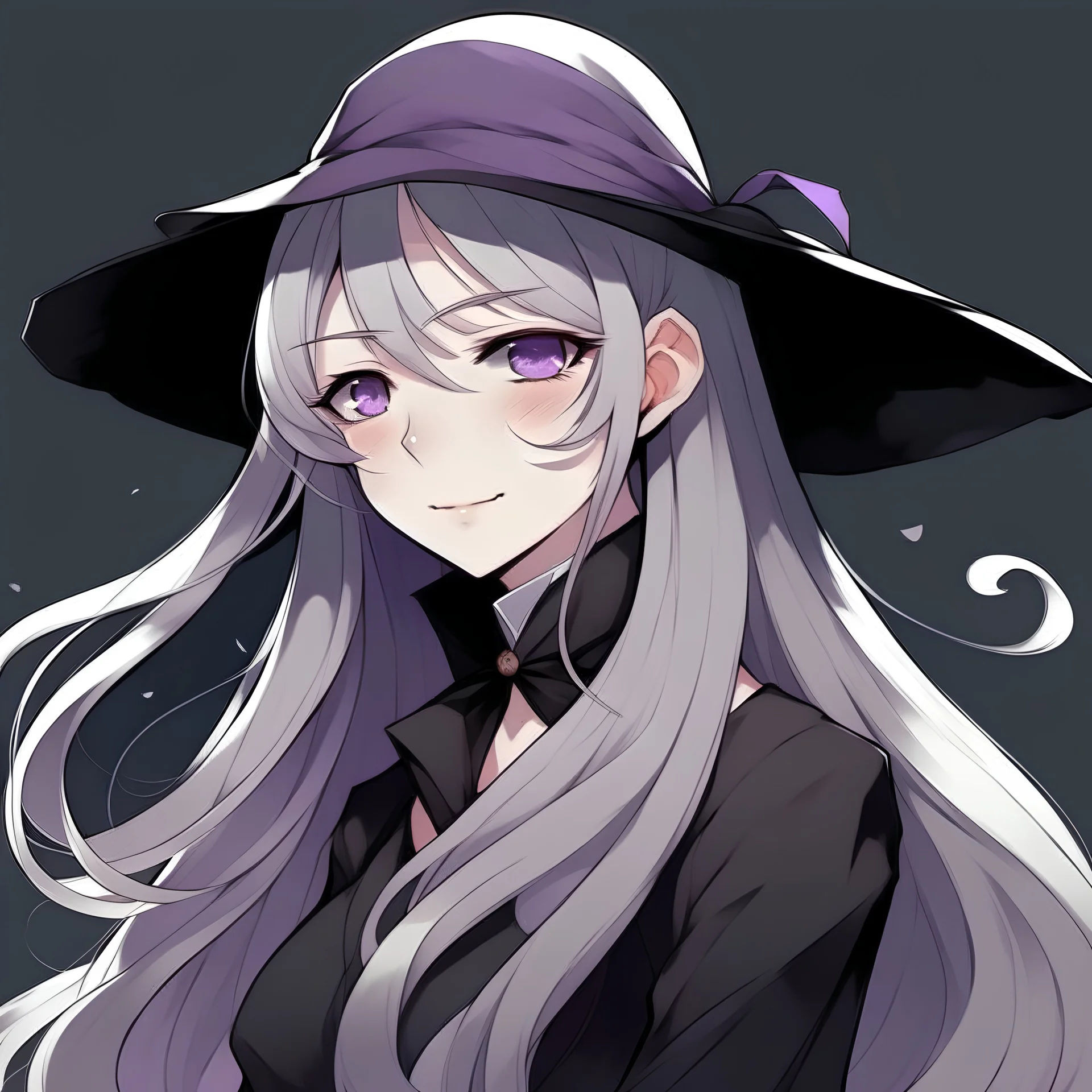 A woman, white skin, long white hair, bangs covering her right eye, left eye is purple. Wearing a black dress and a black top hat, Japanese anime style