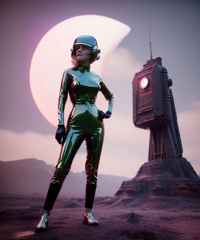Ultra Realistic retro sci-fi image from 1960, many people looking to sweet young woman Jane Fonda, dress with tight latex coat and retro glass helmet, Retro sci-fi style, soft color, highly detailed, unreal engine 5, ray tracing, RTX, lumen lighting, ultra detail, volumetric lighting, 3d, finely drawn, high definition, high resolution.