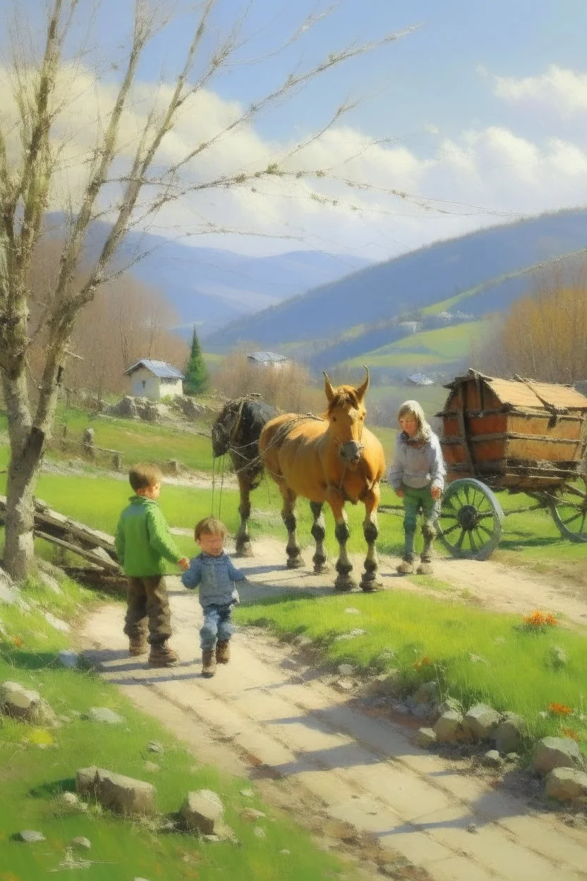 Spring in skåbu, sun, children walking in mountains, horse, broken old tractor, prize winning oil painting