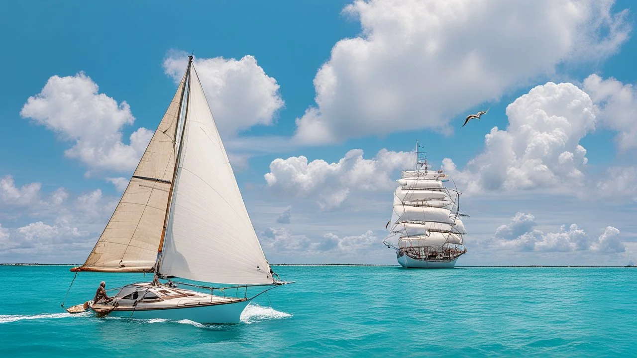 A small, brightly colored sailboat with a billowing white sail cuts through a turquoise ocean. The wind fills the sail, causing the boat to lean slightly. In the distance, fluffy white clouds drift across a clear blue sky. One majestic brown pelican with a large pouch full of water flies gracefully above the boat. The image evokes a sense of calm adventure, the refreshing scent of the ocean breeze, and the abundant wildlife. The style is as if a 5 year old did it with paint.