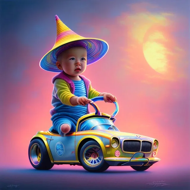 A one-year-old boy rides in the plastic funny toy-car on the middle of a busy street in new york. He has and a large-brimmed straw hat. somehow photographic bright colors and sunset, fantasy art, Anna Dittmann, digital painting, dan mumford, oil on canvas, jeff koons, akihito yoshida, wlop, kodachrome,