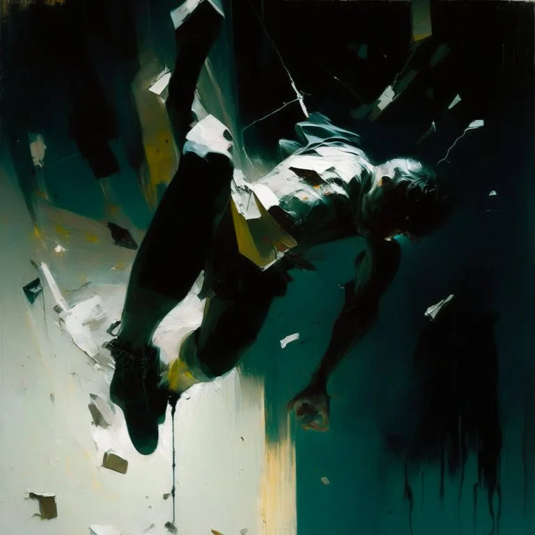 Minimal abstract oil paintings falling person limbs sinew close up and concrete fragments illuminated at night style of Justin Mortimer and Phil Hale