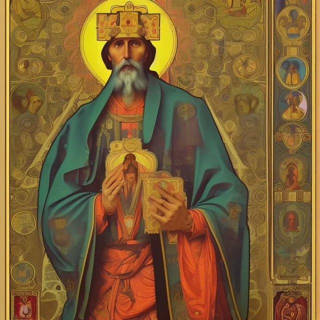 patron of photographers holding a camera in one hand and film roll in the other. orthodox icon with saint photographer. Cyrillic inscriptions. hyperdetailed, Alphonse Mucha, Zdzisław Beksiński, poster, illustration, ink, oil on canvas, 18th century atlas