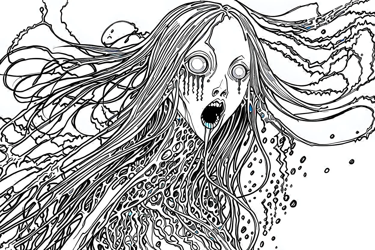 sketchy colorless illustration of a malevolent shape shifting female Funayurei water ghost with highly detailed facial features and skin textures, in the style of Alex Pardee , Jean Giraud Moebius, and Katsushika Hokusai, highly detailed, boldly inked,