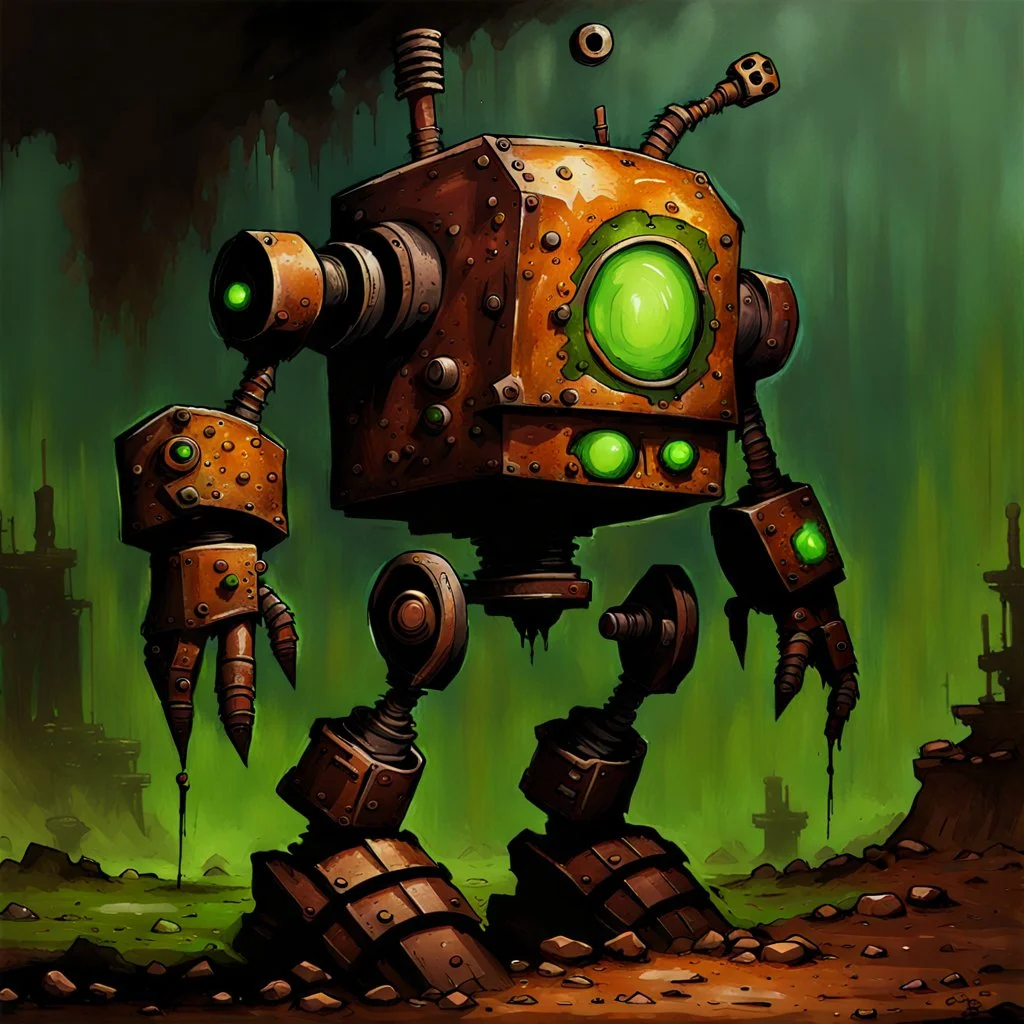 90's fantasy tcg art of rusted post apocalyptic robot in toxic ooze