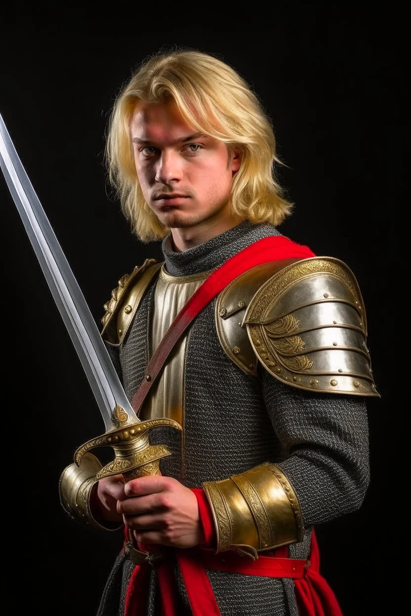 european blond hair adult royal guard swordsman with rapier